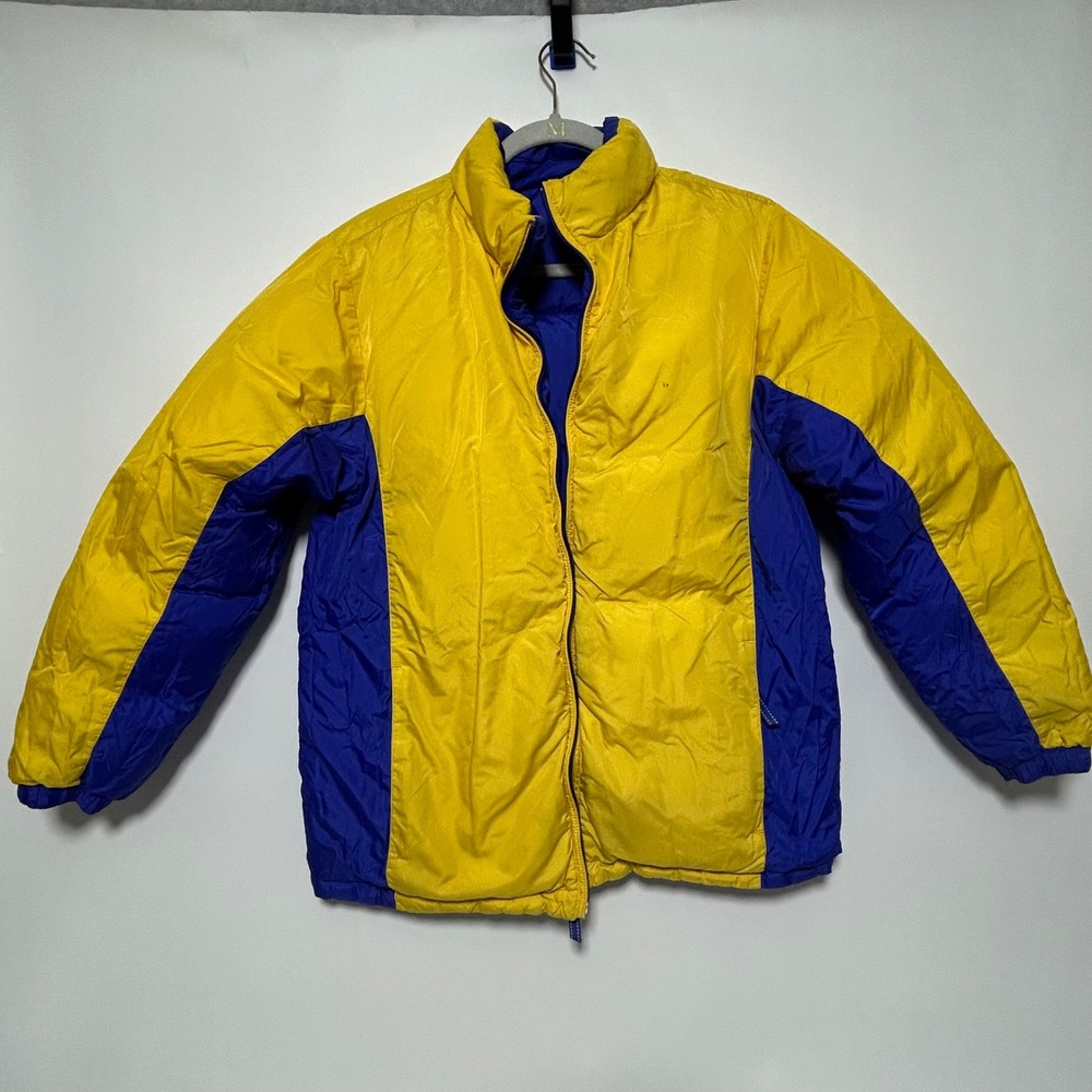 Lands End Youth Down Puffer Jacket Reversible Yellow Blue Full Zip Size L‎ 14-16